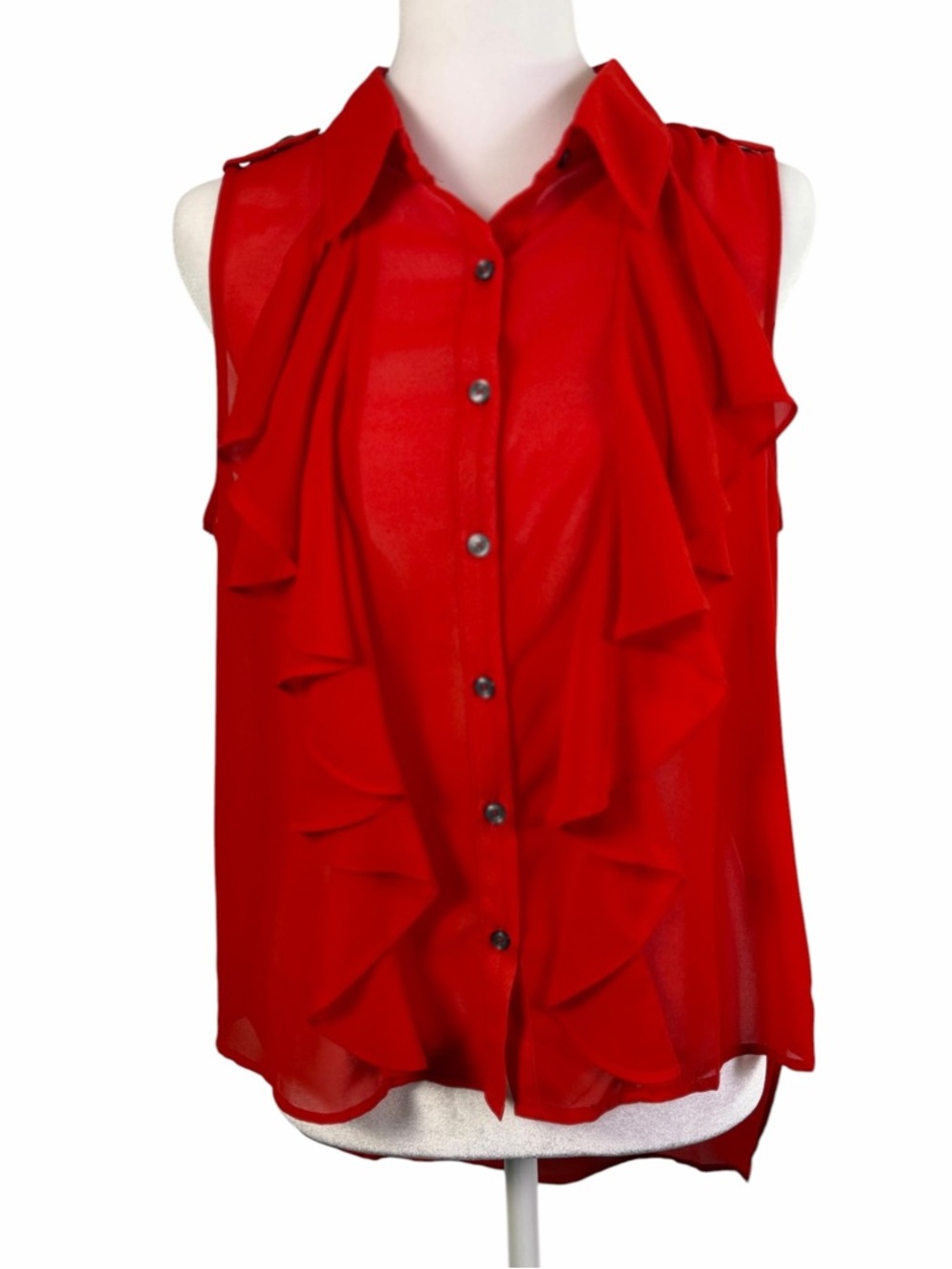 Have Red Ruffled Button-Down Blouse | Sheer, high Low Hemline Sleeveless, Size M
